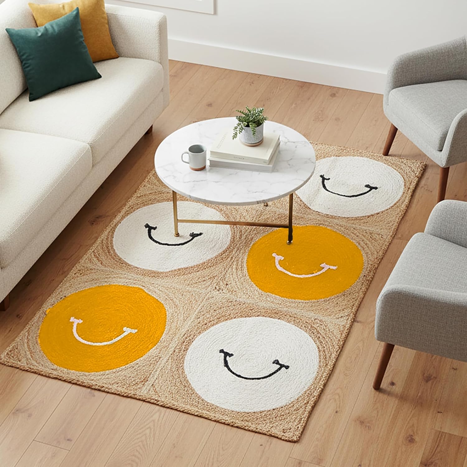 Premium Quality Jute Rug 12x15 Feet Area Rug Natural Fiber Jute Rugs Thick 0.27" Yellow & White Geometric Smiley Face Pattern Rugs for Living Room, Dining Table Area, Home Decor