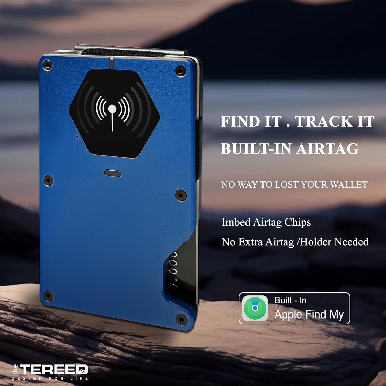 Air Wallet, RFID Blocking Wallet for Men & Women, Built-in Apple Airtag with Tracker, Minimalist Wallet with Card Holder & Money Clip, Blue
