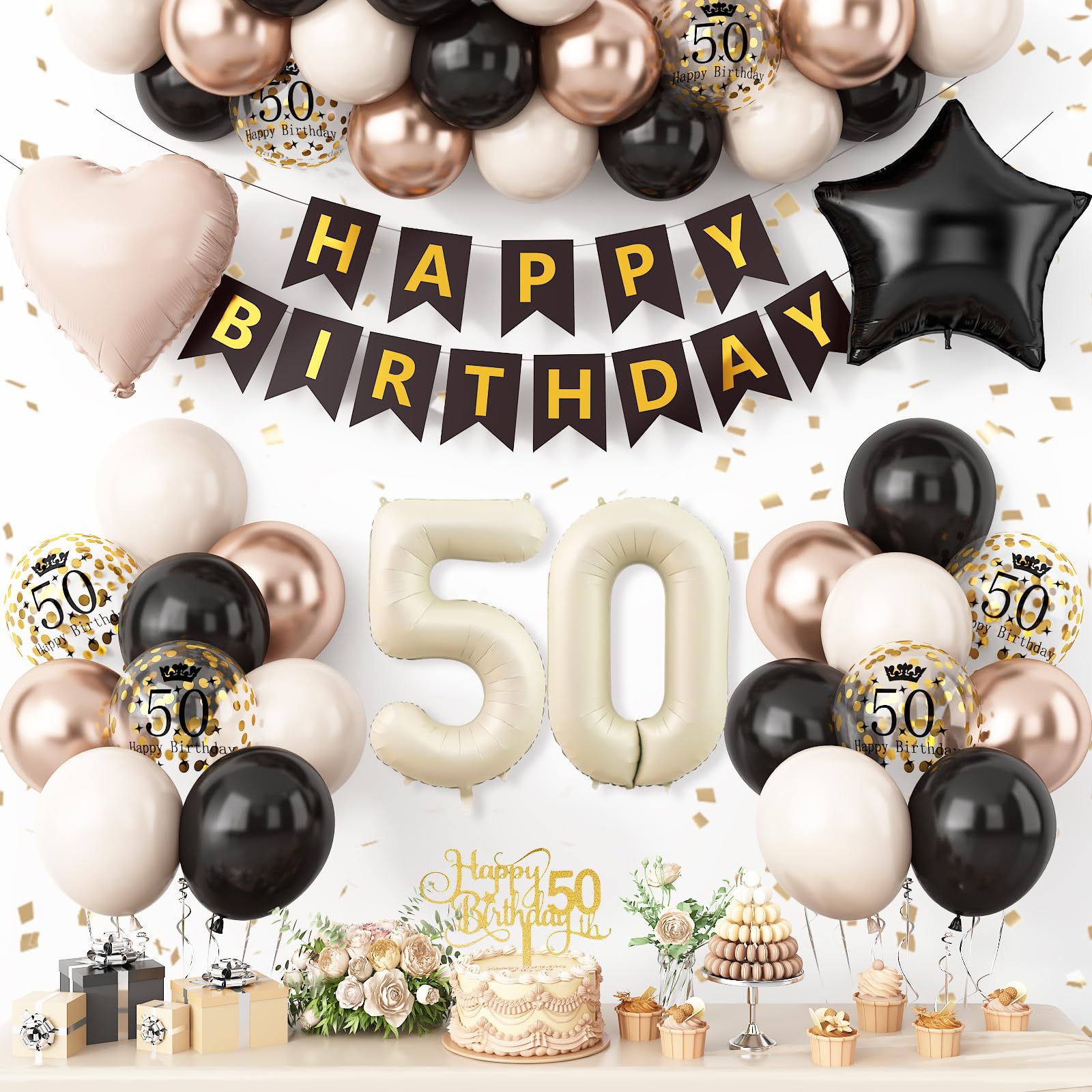 50th Birthday Decorations Black Gold Sand White,50th Birthday Balloons Number 50 Foil Balloon Star Heart Balloons Happy Birthday Banner Cake Topper