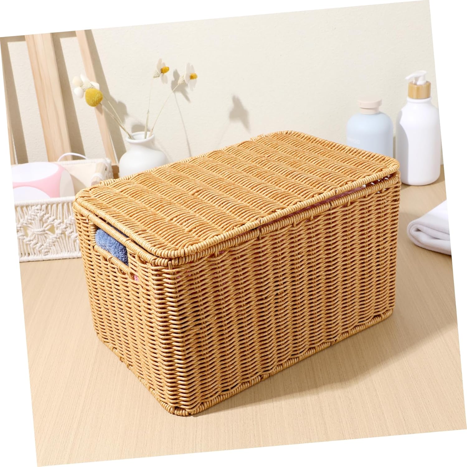 Yardwe Large Wicker Storage Baskets Lids Wardrobe Box for Clothes Decorative Storage Cubes