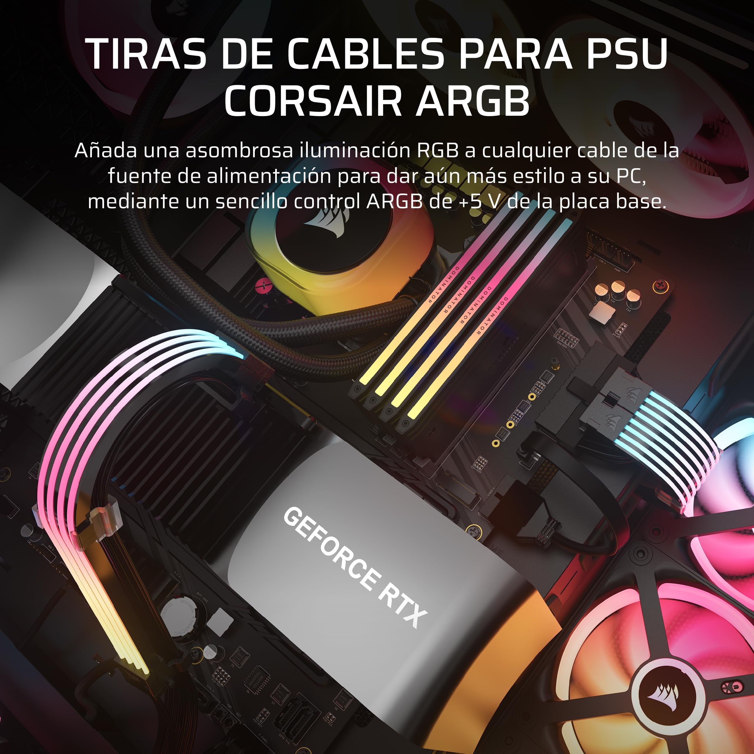 Corsair iCUE ARGB PSU Tiras de Cable – 2 Tiras de LED de 200mm – 100 LED RGB por Tira – Se Adapta a Cualquier Cable PSU – Control ARGB de 5 V de la Placa Base – Negro