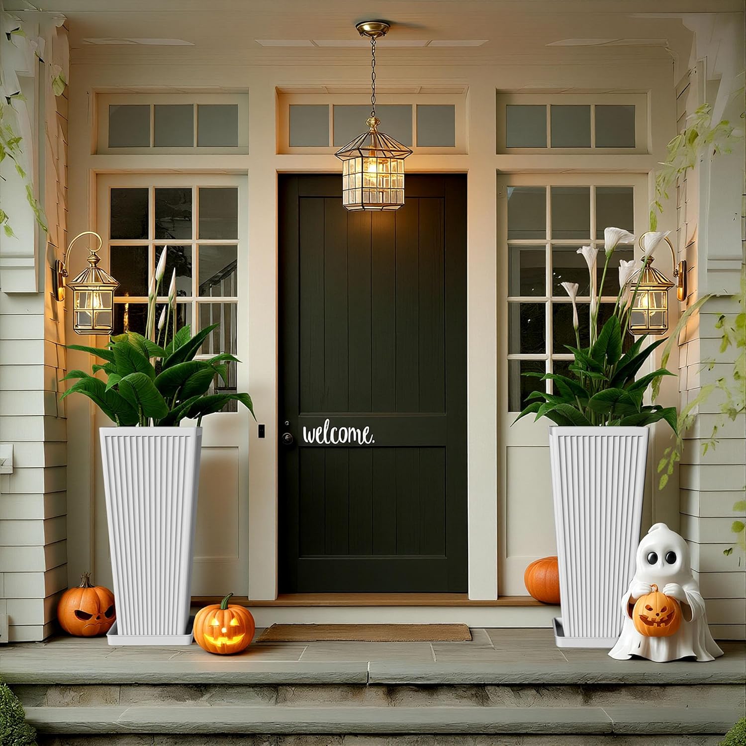 Tapered Tall Planters for Outdoor Plants 2 Pack- 23.6 Inch Square Indoor Flower Pots with Drainage Holes and Partition/Tray Saucers, Large Outdoor Planters for Porch Patio Garden, White