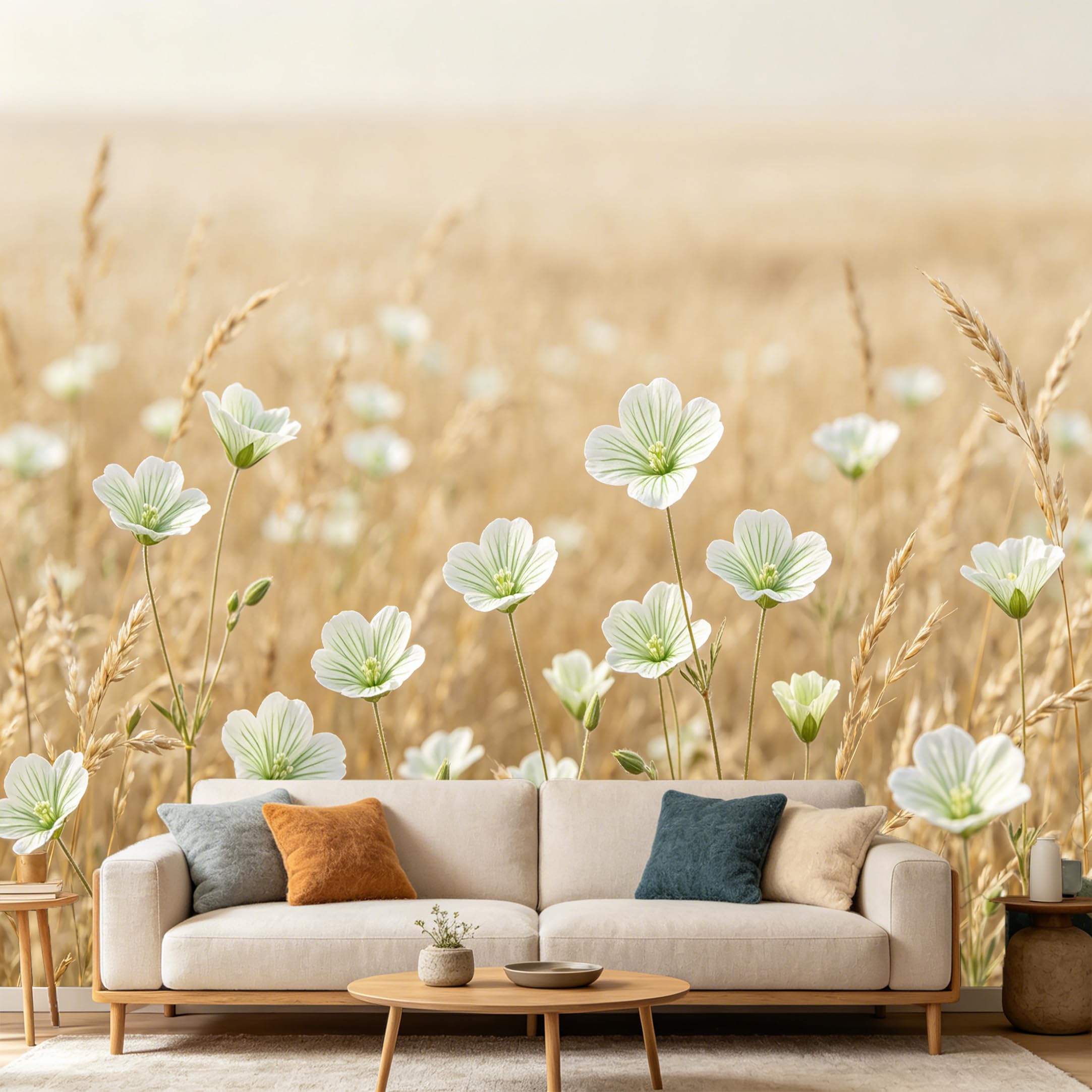 Custom Size Wall Mural Botanical Farmhouse Meadow Flowers Wheat Field SelfAdhesive Art Prints wall Fabric（No PVC） Removable Wallpaper Home Bedroom Decor
