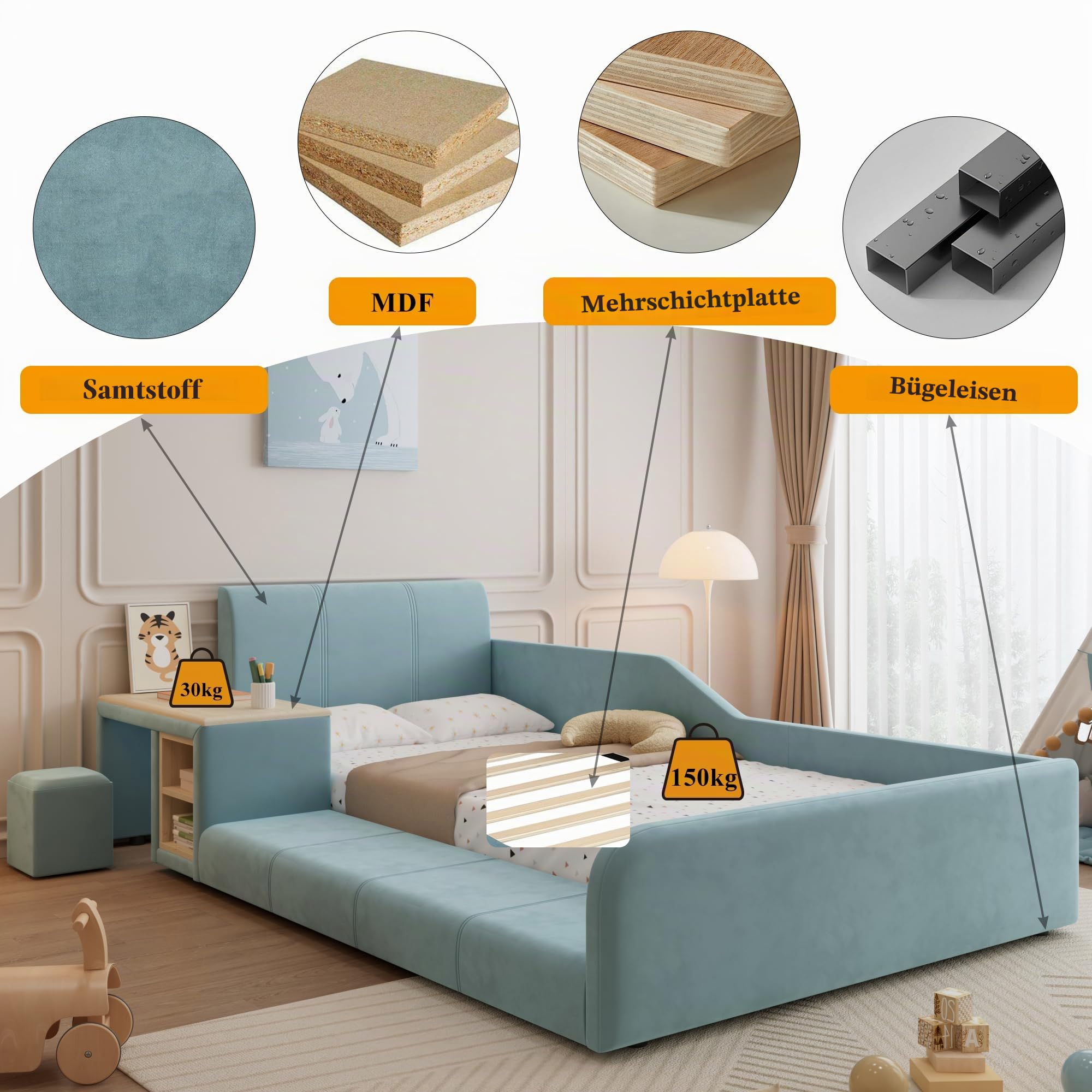Dolamaní Polsterbett 90x200 cm Kinder mit Schreibtisch und Hocker, Einzelbett Mit Ablageboden und Polster Kopfteil, Bett mit Holz Lattenrost, Kinderhochbett Samt ohne Matratze (Blau)
