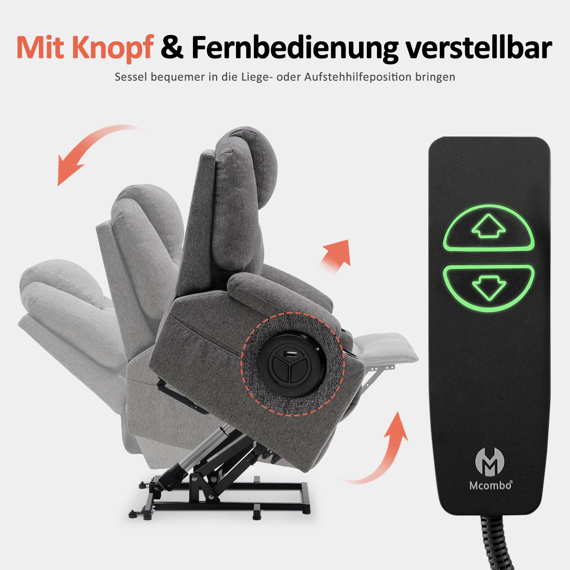 M MCombo Fauteuil Relax avec Aide à la levée électrique, Fauteuil Relax avec Fonction Inclinaison jusqu'à 140°, Massage et Chauffage, avec Port USB, 7040 (Gris-Tissu)