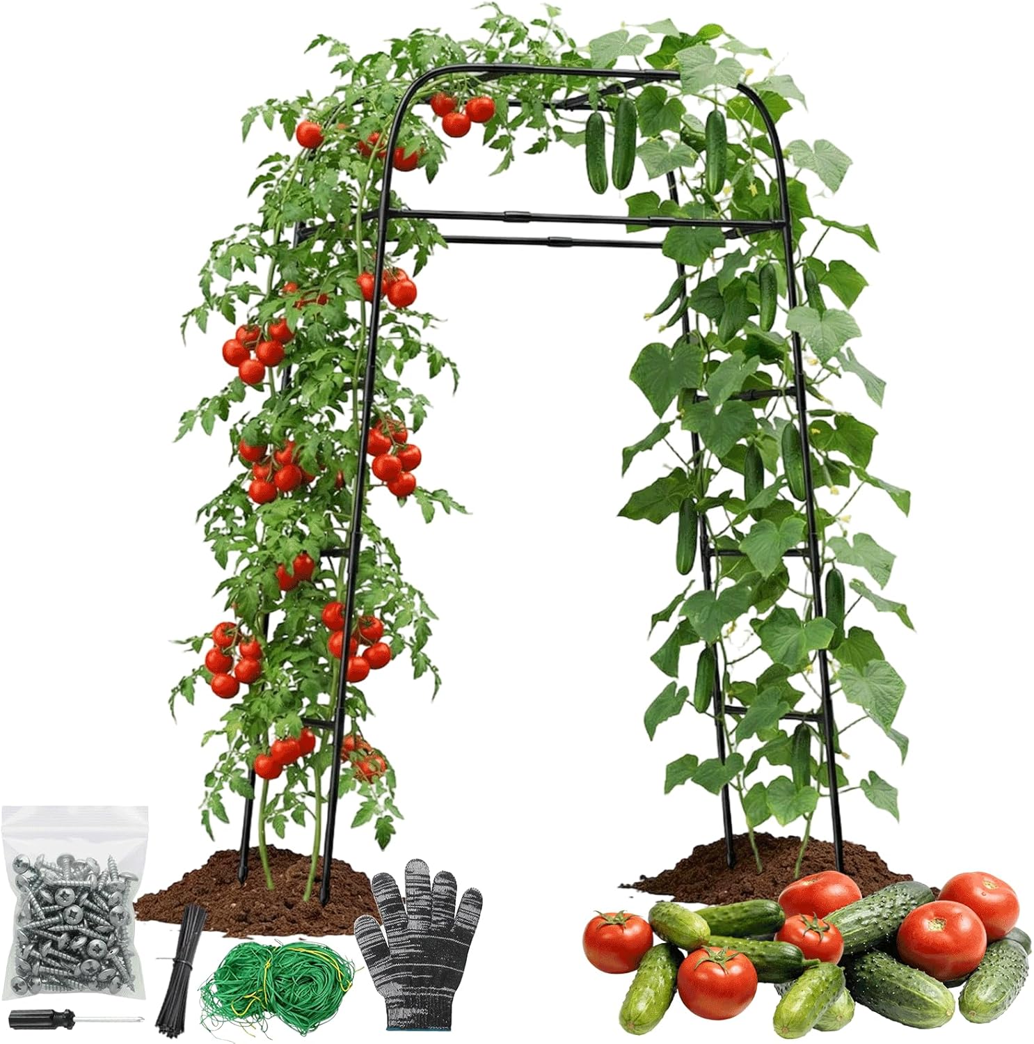 Garden Arch Trellis for Climbing Plants, 83" High Metal Cucumber Trellis & Tomato Cage, Rustproof Steel Tunnel Support for Squash, Pumpkin, Vegetables with Screw Fixation (32.3" L x 39.4" W)