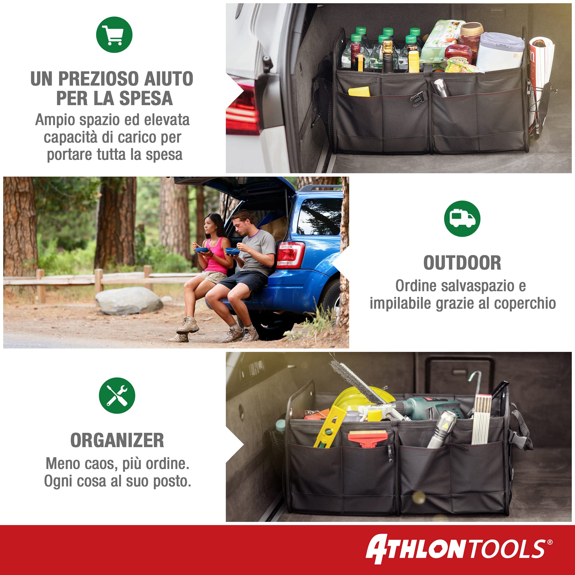 ATHLON TOOLS Borsa per bagagliaio di alta qualità con coperchio, 60 litri, organizer per bagagliaio XXL, fondo extra stabile e impermeabile, con chiusura a strappo