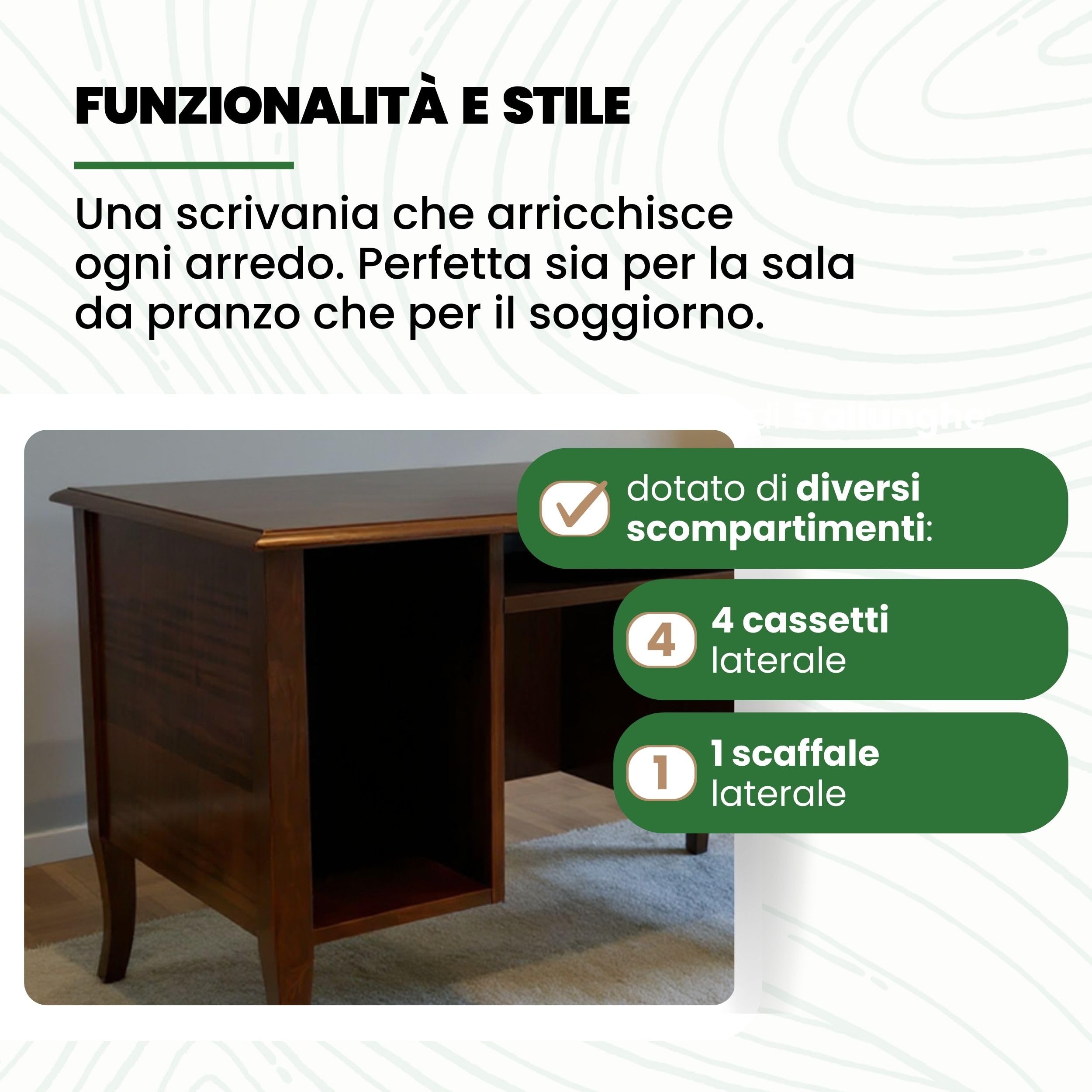 Mar.c.a. Design - Scrivania Arte Povera con Ripiano, Porta Tastiera e 4 Cassetti - Scrittoio in Legno 130x74x78 cm Made in Italy