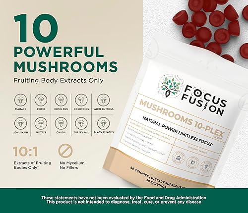 Miniatura 3 de Focus Fusion 10-Plex Mushroom Gummies Organic Fruiting Body Mushroom Gummies with Lion’s Mane, Reishi, Cordyceps & Chaga Vegan, Plant-Based