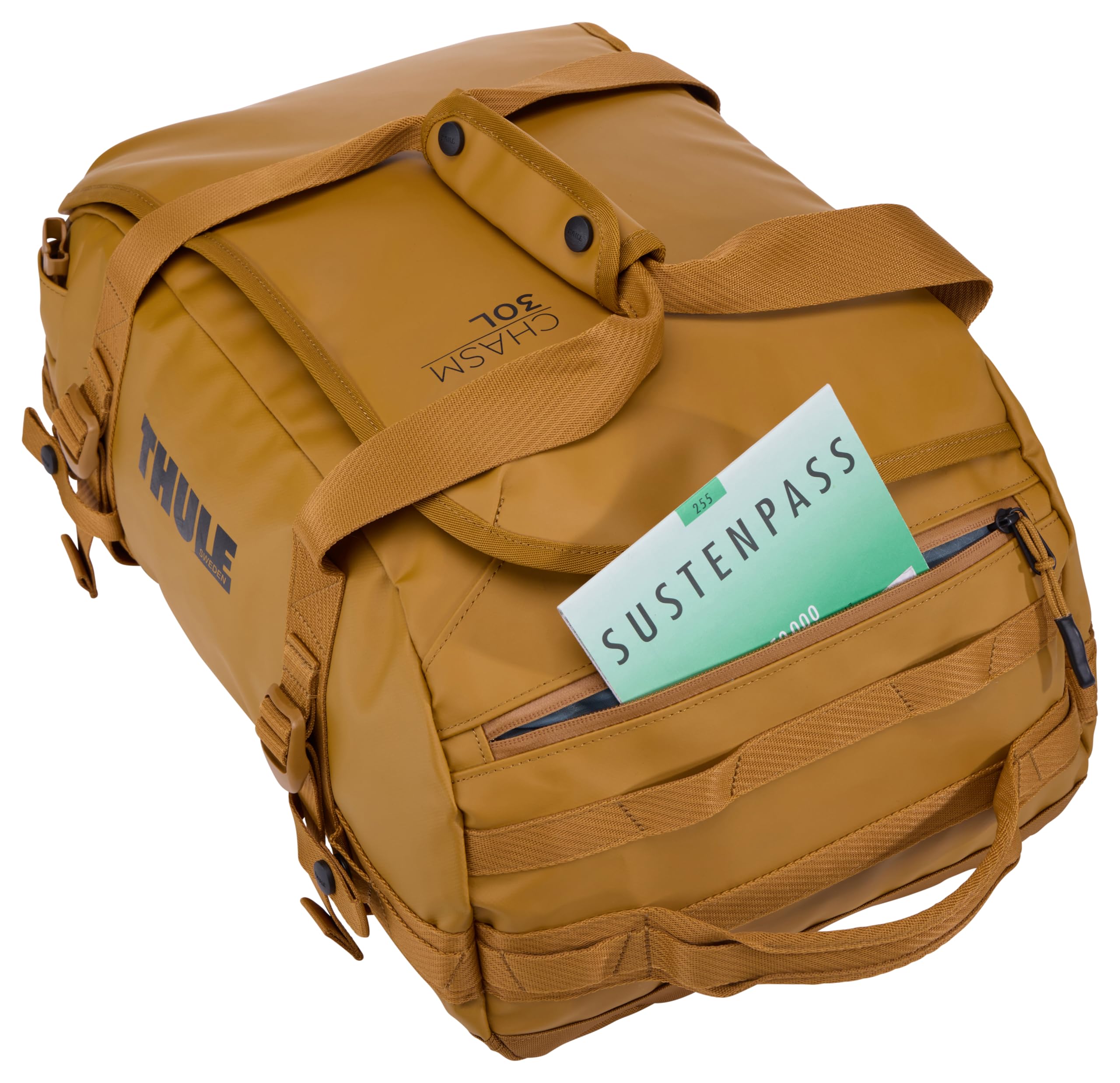 Thule Chasm Torba podróżna duffel 30 l, szeroki otwór ułatwiający pakowanie, plecak, wewnętrzne kieszenie z siatki, wzmocnione dno, z blokadą, materiały, taśmy i siatki z materiału w 100% z recyklingu