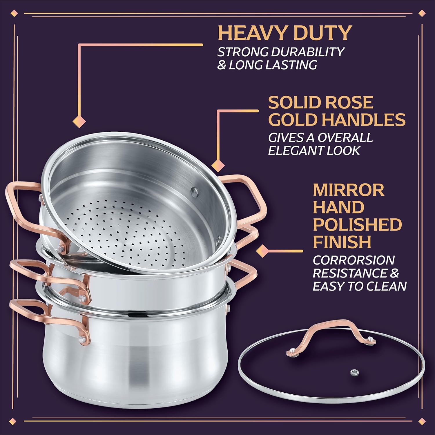 CONCORD Premium Stainless Steel 3 Tier Steamer w/Rose Gold Handles 26 cm