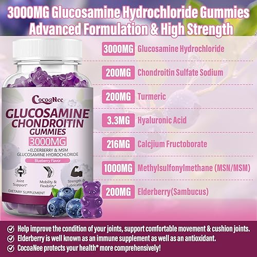 Miniatura 3 de 2 paquetes de gomitas de glucosamina condroitina de 3000 mg, suplemento de apoyo articular extra fuerte con MSM y saúco, flexibilidad, gomitas