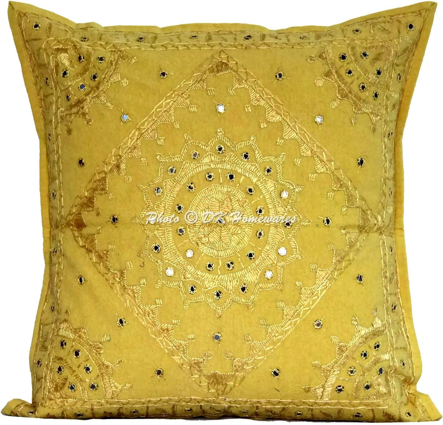Boho Decorative Accent Throw Pillow Covers 24 x 24 Inch Cotton Embroidered Bohemian Ethnic Square Cushion Covers (Size - 60x60 cm ; Color: Mustard Yellow) - Set of 4 Pcs (Cover Only)