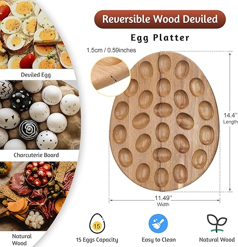 Miniatura 8 de Lounsweer Plato reversible de madera para huevos y tablero de embutidos, bandeja gruesa para huevos, encimera, refrigerador, contenedor de huevos de