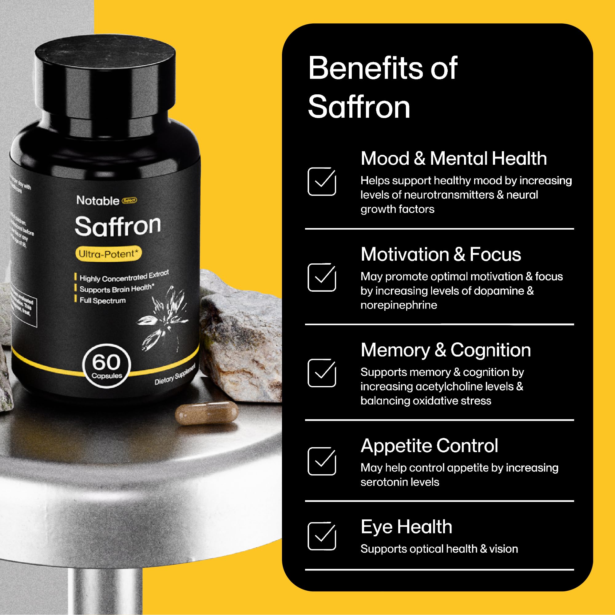 Notable Ultra-Potent Saffron Extract Capsules | 30mg | 20% Polyphenols, 7.5% Crocins, and 3% Safranal | Supports Mood, Eye Health, Memory, & Focus | 60 Day Supply — Amazon image 4