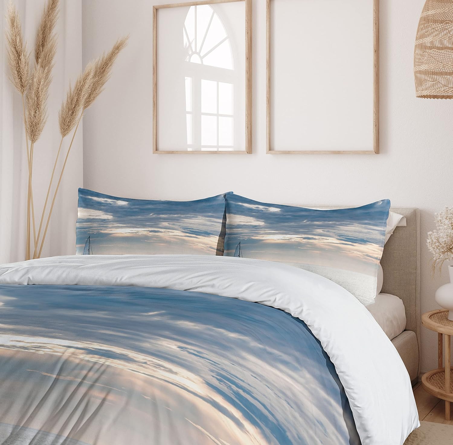 Ambesonne Nautical Duvet Cover Set, Sailing Yacht in The Morning Time on Tranquil Seascape Cloudy Sky Peaceful Marine Image, Decorative 3 Piece Bedding Set with 2 Pillow Shams, Queen Size, Blue
