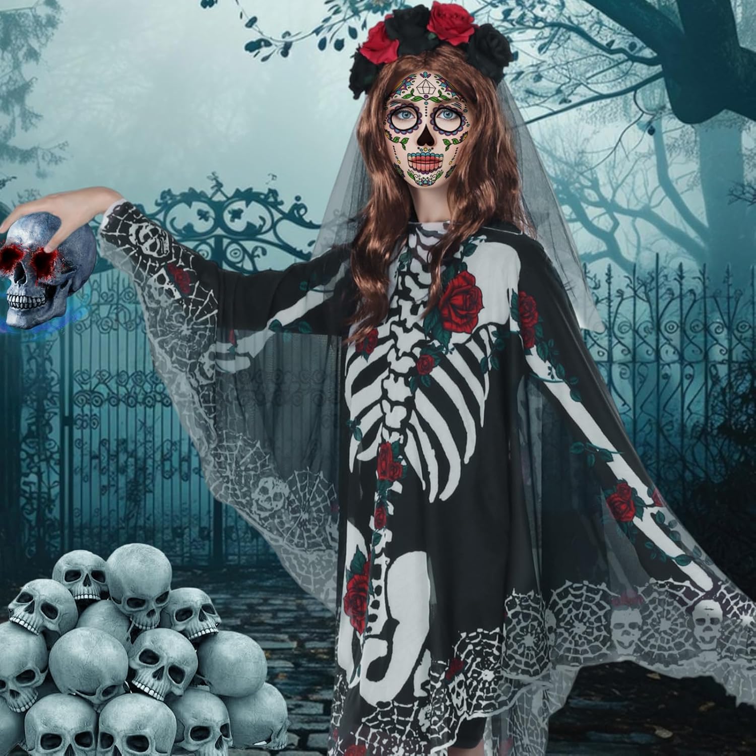 Halloween Skeleton Costume Poncho Adult Women, Day of the Dead Costumes Cloak with Rose Flower Headband Skull Tattoos - Image 5