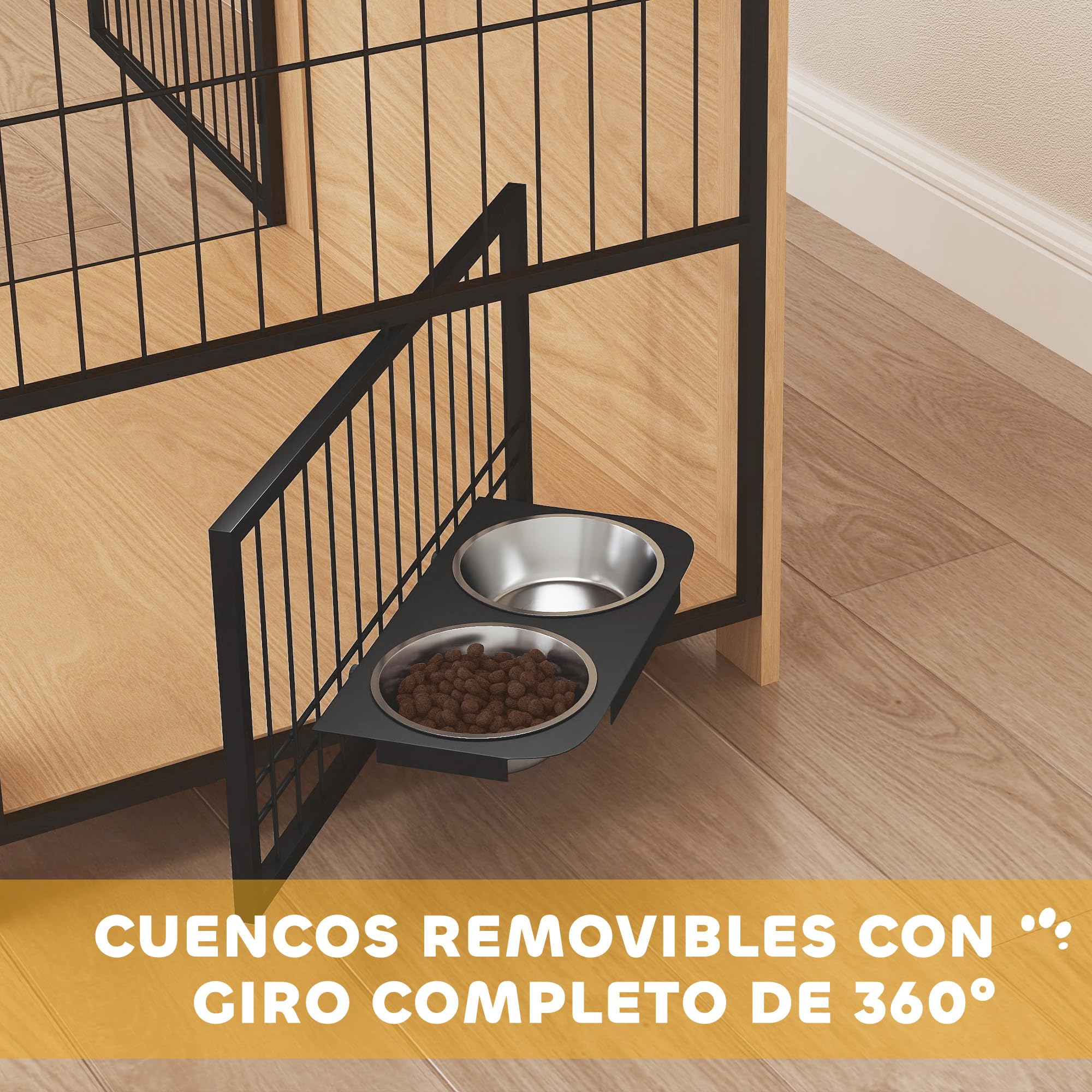 PawHut Jaula para Perros Moderna Mesa Auxiliar Casa para Mascotas con 2 Puertas, Soporte Giratorio con 2 Tazones, Estructura de Acero para Perros Medianos 80x60x68 cm Roble