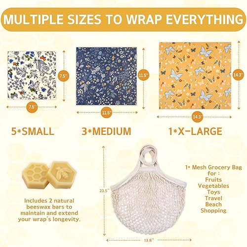 Miniatura 8 de Reusable Beeswax Wrap - 9 Pack Beeswax Wraps for Food, Eco-Friendly Beeswax Food Wraps, Bread Sandwich Wrapper - Organic, Sustainable, Zero Waste,