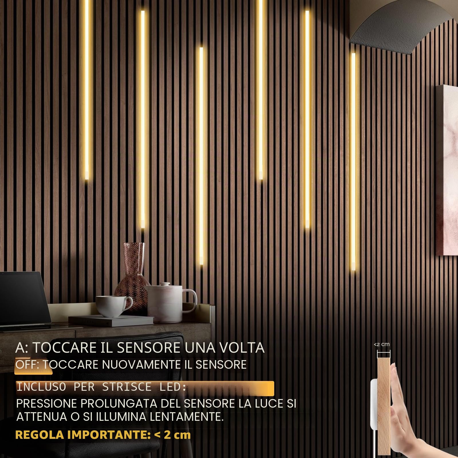 WMLBK Striscia LED per pannelli acustici, dimmerabile, 6 x 90 cm, luce bianca calda, con sensore tattile, 12 x 12 mm, accessori integrati, pannelli acustici