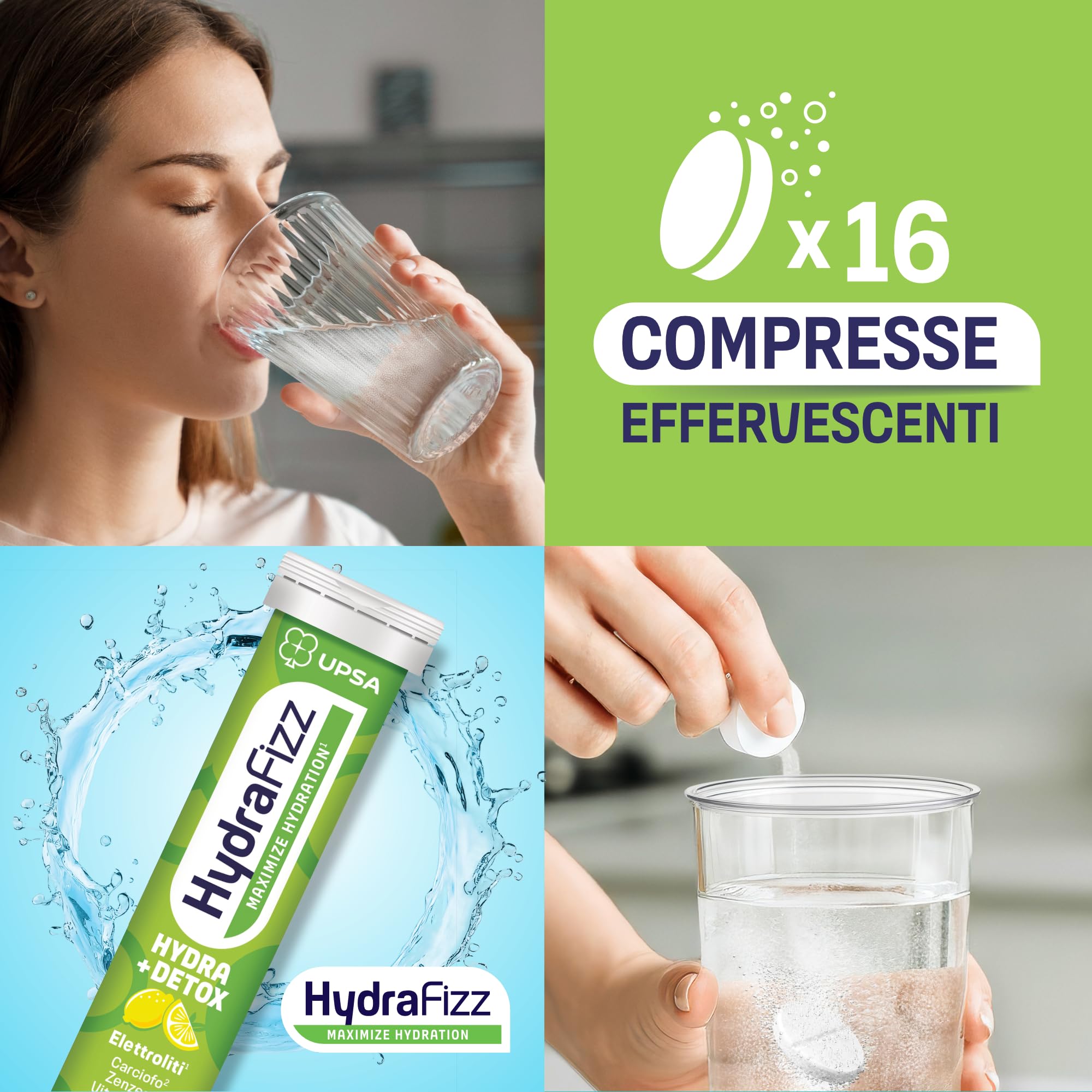 UPSA Hydrafizz Detox, 16 Compresse Effervescenti, Integratore Alimentare con Elettroliti, Carciofo e Zenzero, Gusto Limone, Idratazione e Depurazione, aiuta a ridurre Stanchezza