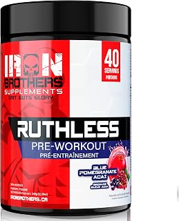 Iron Brothers Ruthless Preworkout Powder Supplement for Men & Women - Creatine Free - Sustainable Performance Energy & Workout Focus, Superhuman Pre Workout - 40 Serve - Nitric Oxide Booster (Pomegranate Acai)