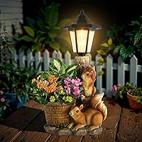 YEPOTUE Solar Squirrel Garden Statue with Flower Pot & Solar Lantern - Weatherproof Outdoor Sculptures for Yard, Patio, Lawn Ornaments