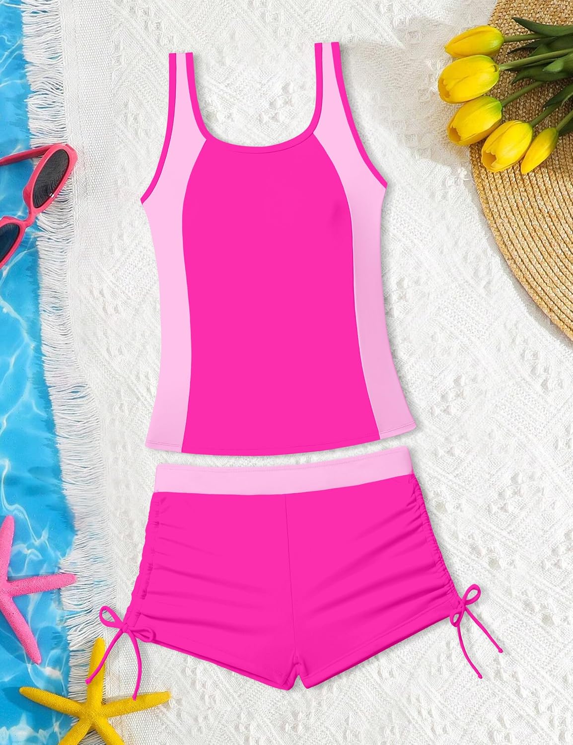 Girls Swimsuit Two Piece Color Block Adjustable Strap Tankini Sets with Drawstring Shorts Bathing Suit for Girls 9-16Y