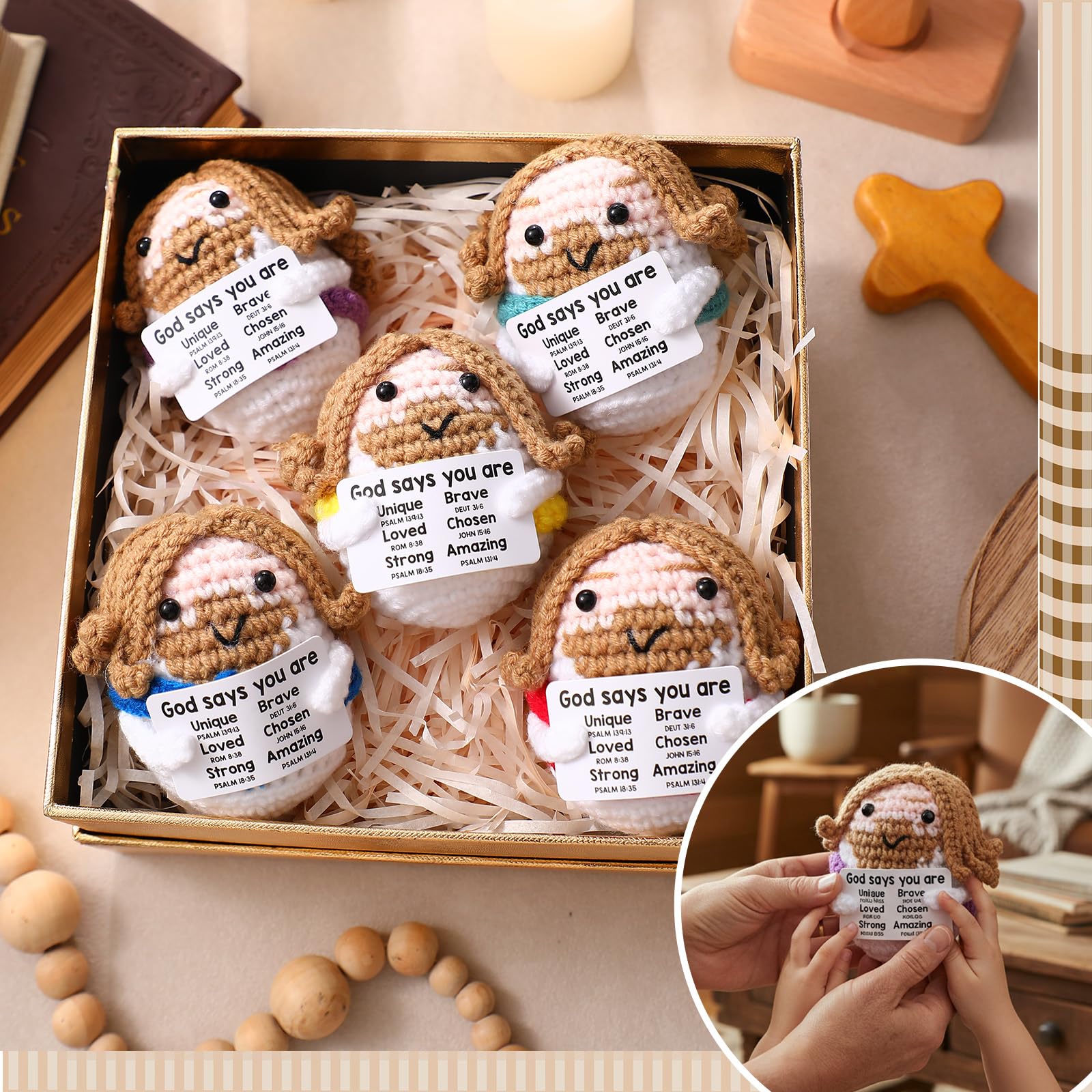 Marsui 5 Pcs 5 Pcs Crochet Dolls Christian Positive Gifts for Women Mini Jesus Figures with Positive Card Handmade Religious Crochet Plush Doll for Church Sunday School Motivational Gift (Colorful)