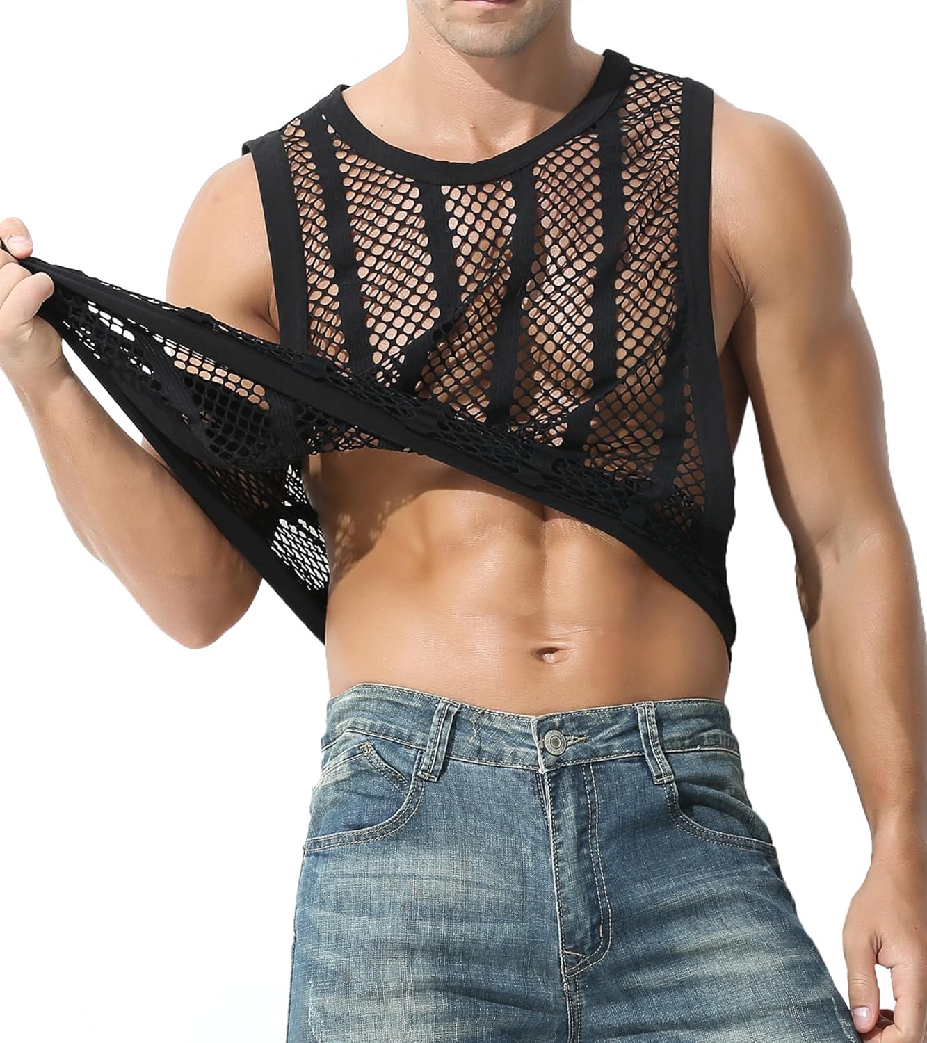 JINSHI Men's Mesh Shirts Fishnet Athletic Tank Tops Sexy Sleeveless Vest Male Loose Muscle Workout Swimwear