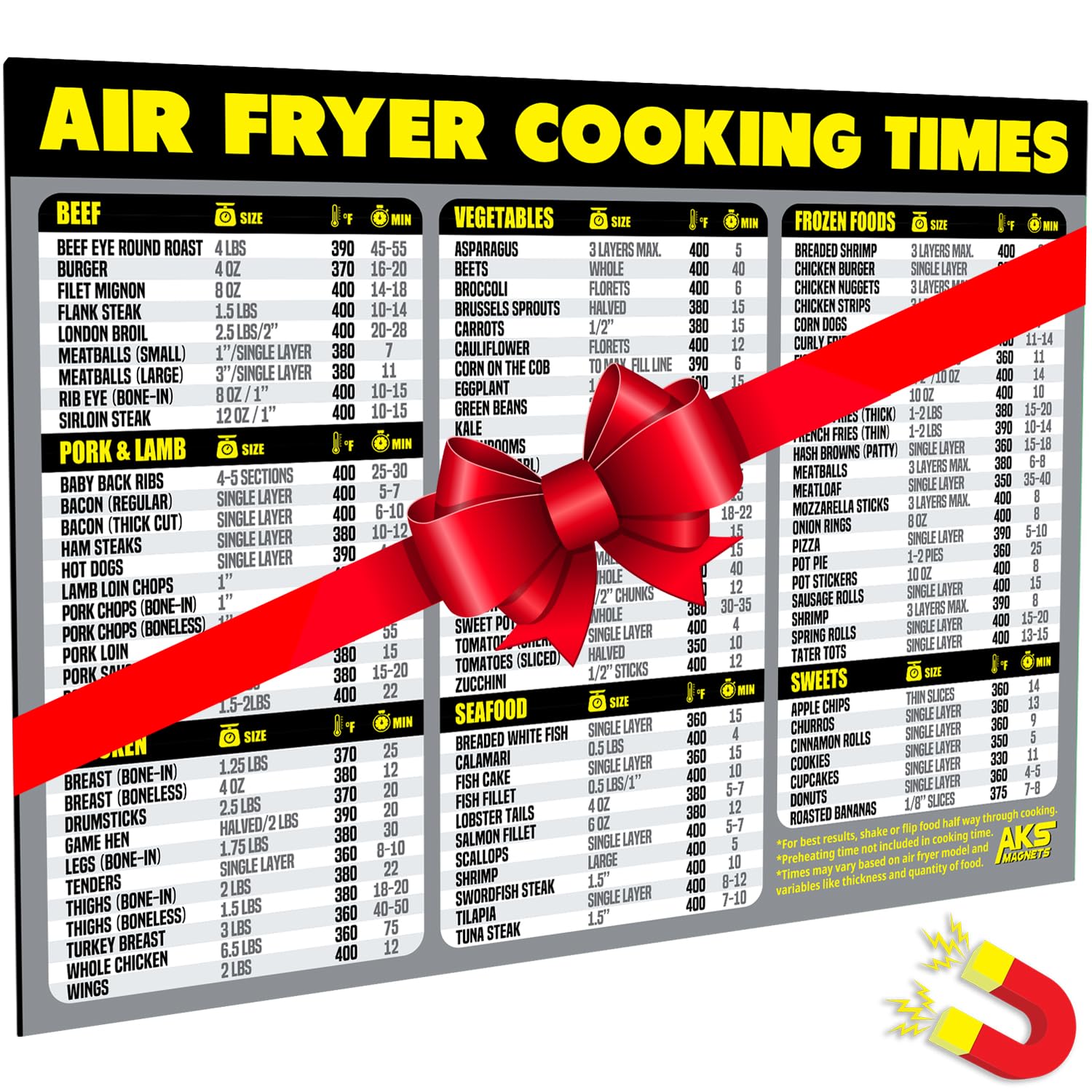 Air Fryer Cooking Times Chart Magnet - Extra Large Easy to Read Airfryer Magnetic Cheat Sheet - Healthy Airfryers Cookbook Accessory Liners Food Kitchen Conversion - Air Fryer Oven Accessories (Grey)