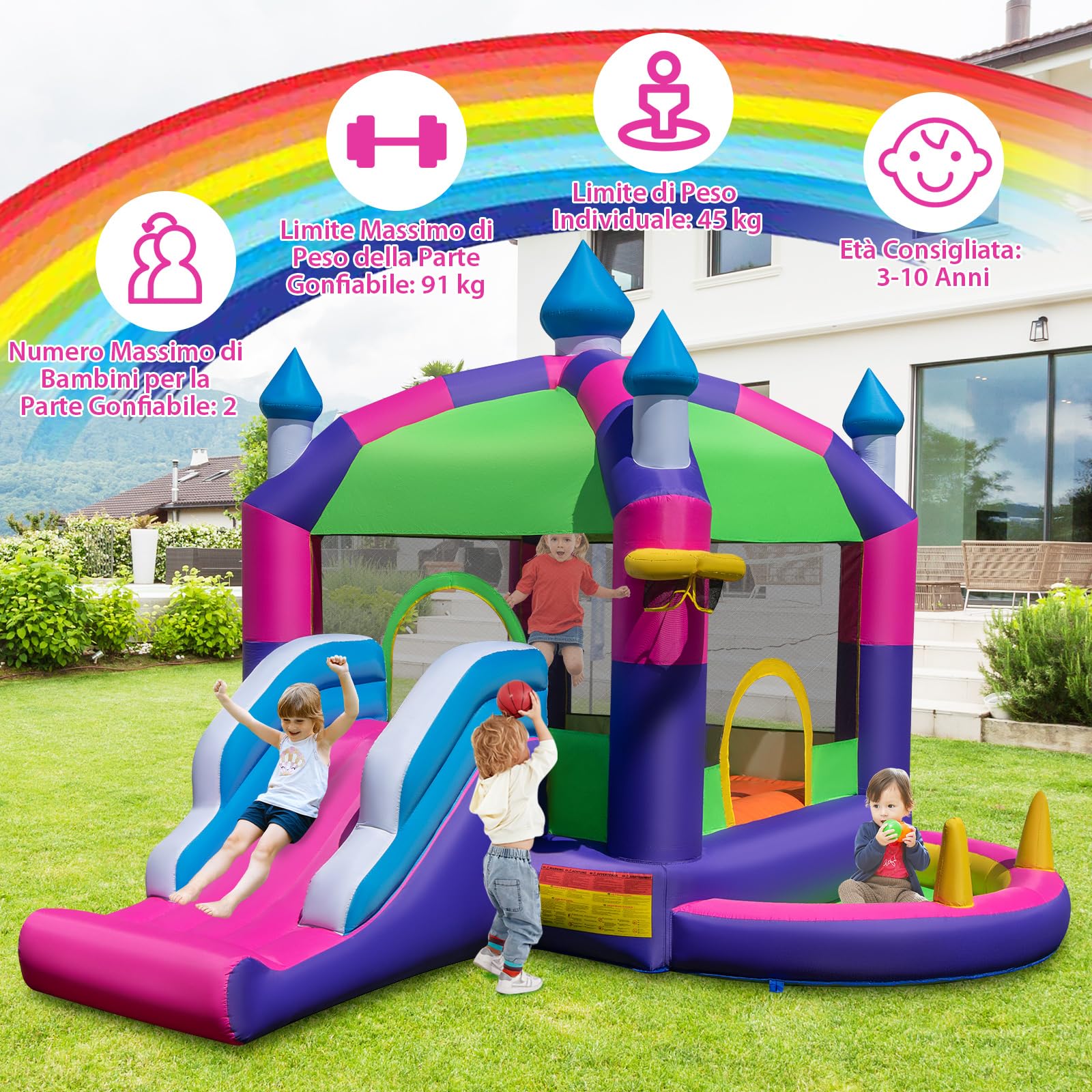 COSTWAY Castello Gonfiabile con Tettuccio, Casa Gonfiabile con Scivolo, Trampolino e Canestro da Basket, per 2 Bambini di 3-10 Anni, 385 x 332,5 x 300 cm