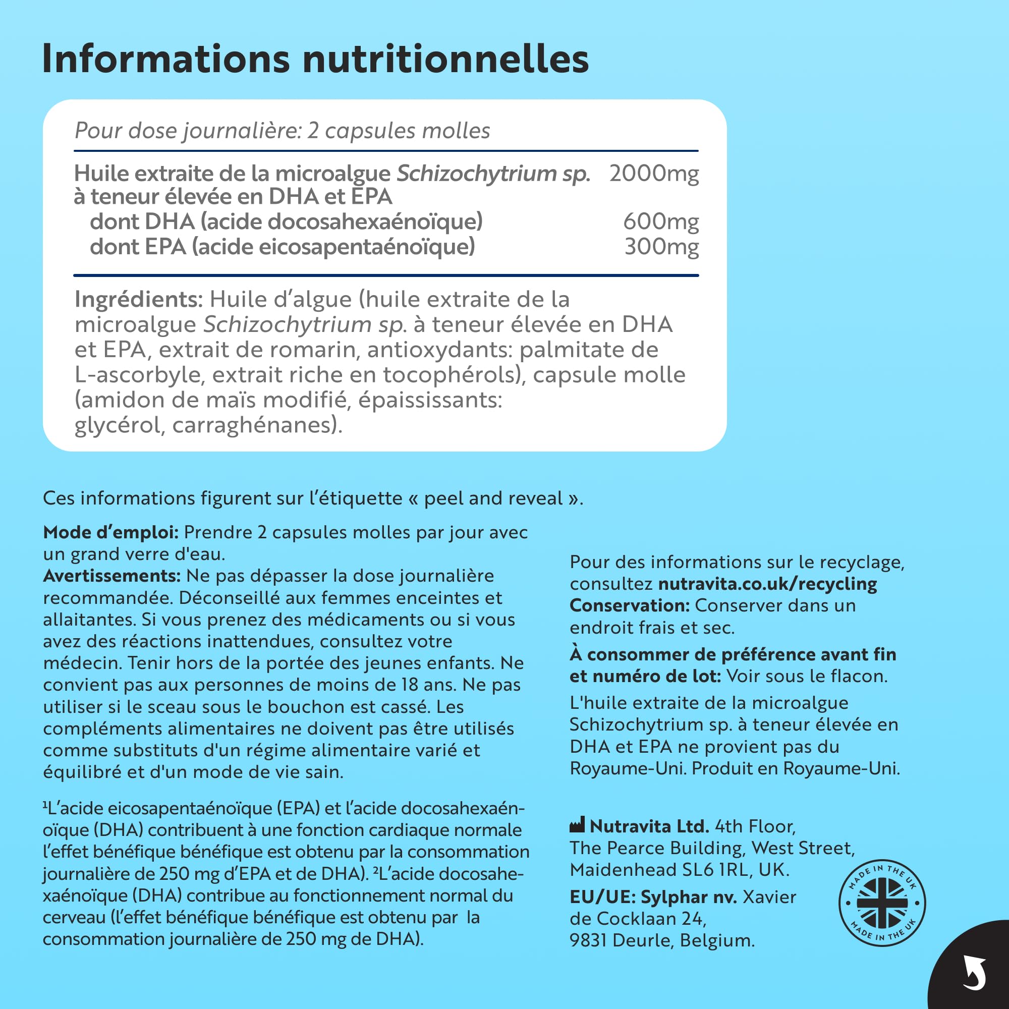 Nutravita Gélules molles Vegan d'Oméga 3 haute résistance 2000 mg - 600 mg de DHA et 300 mg d'EPA par portion - Gélules molles d'Oméga 3 à base de plantes dérivées d'huile d'algue durable