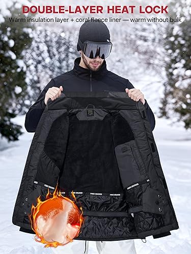 Miniatura 3 de FREE SOLDIER Chaqueta de esquí impermeable para hombre, con forro polar, abrigo de nieve cálido de invierno con capucha costuras totalmente selladas