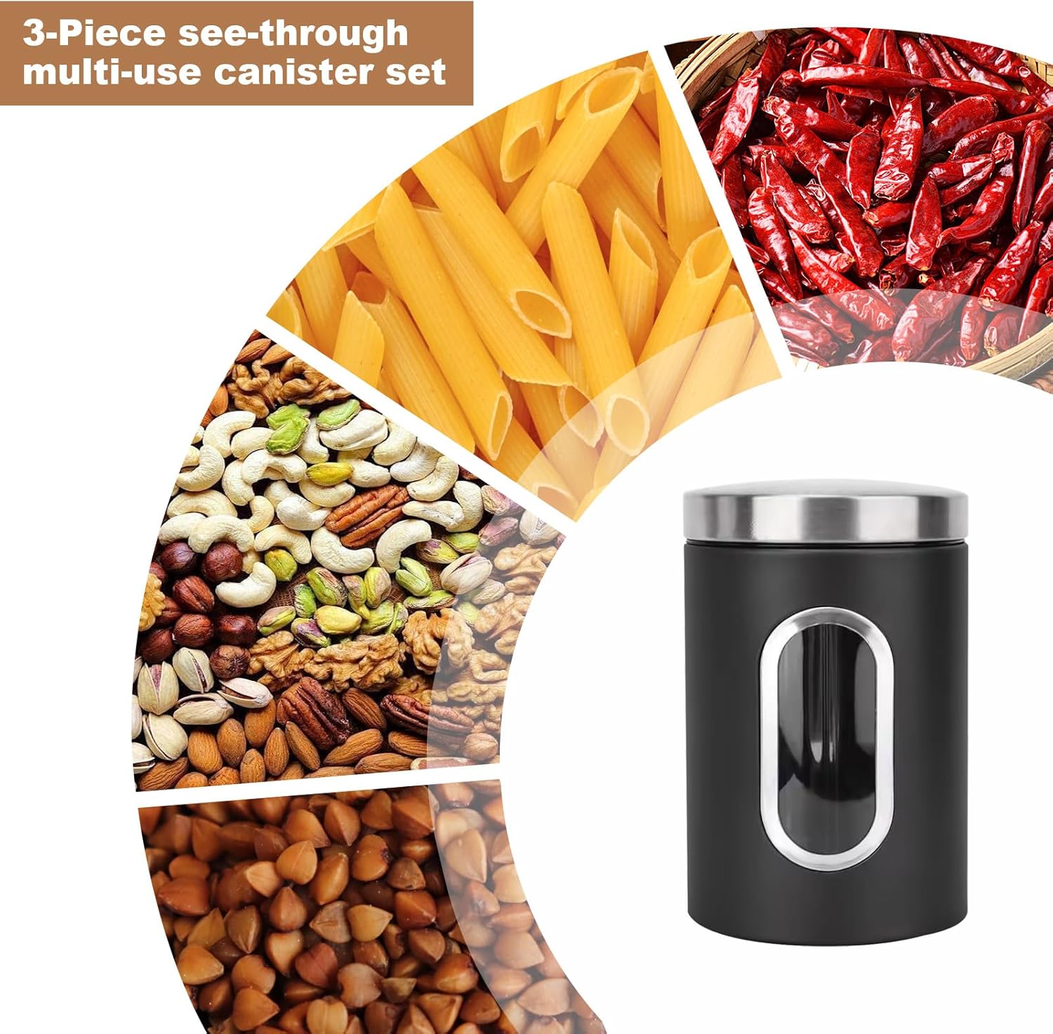 3 PCS Kitchen Storage Canisters, Stainless Steel Containers With Lids And Spoons, Storage Jars With Window for Tea, Coffee Sugar, Nuts, Cereal(Black)