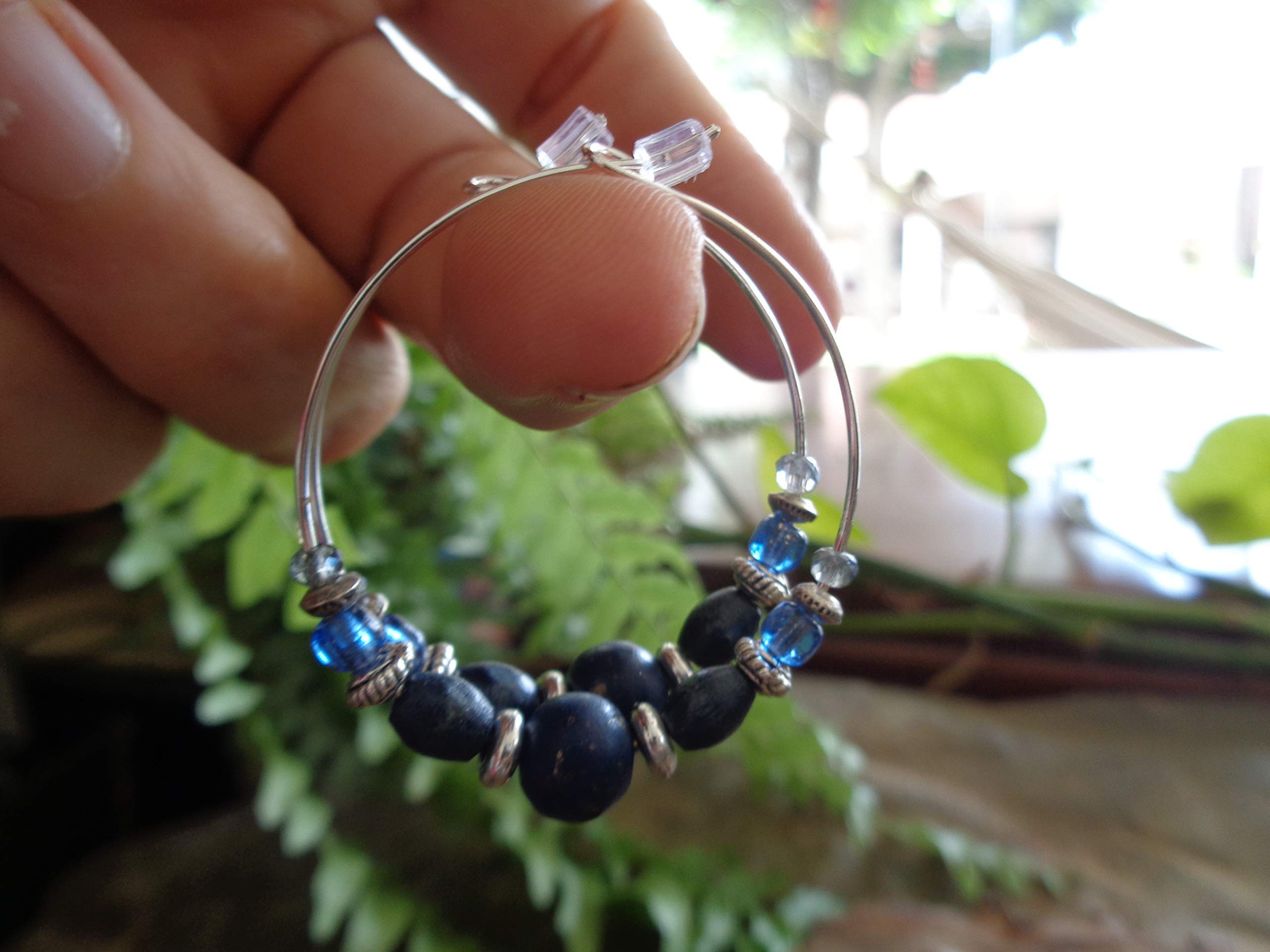 ⊹⊱✿ JEANS BLUE CRYSTAL - GLASS - WOOD HOOP ✿⊰⊹ boucles d'oreilles uniques et légères faites d'un grand mélange de matières en bleu