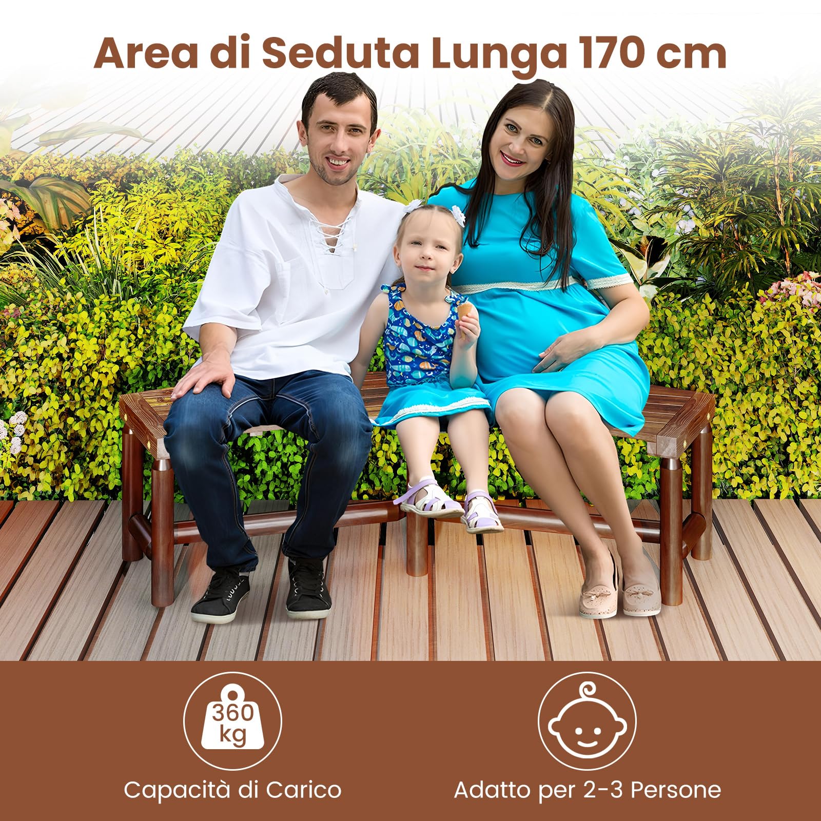 COSTWAY Panchina Curva da Patio, Panchina di Legno Massello per 2-3 Persone, Panca da Fuoco Senza Schienale per Esterni, Giardino e Bordo Piscina, Portata 360 kg (Marrone)