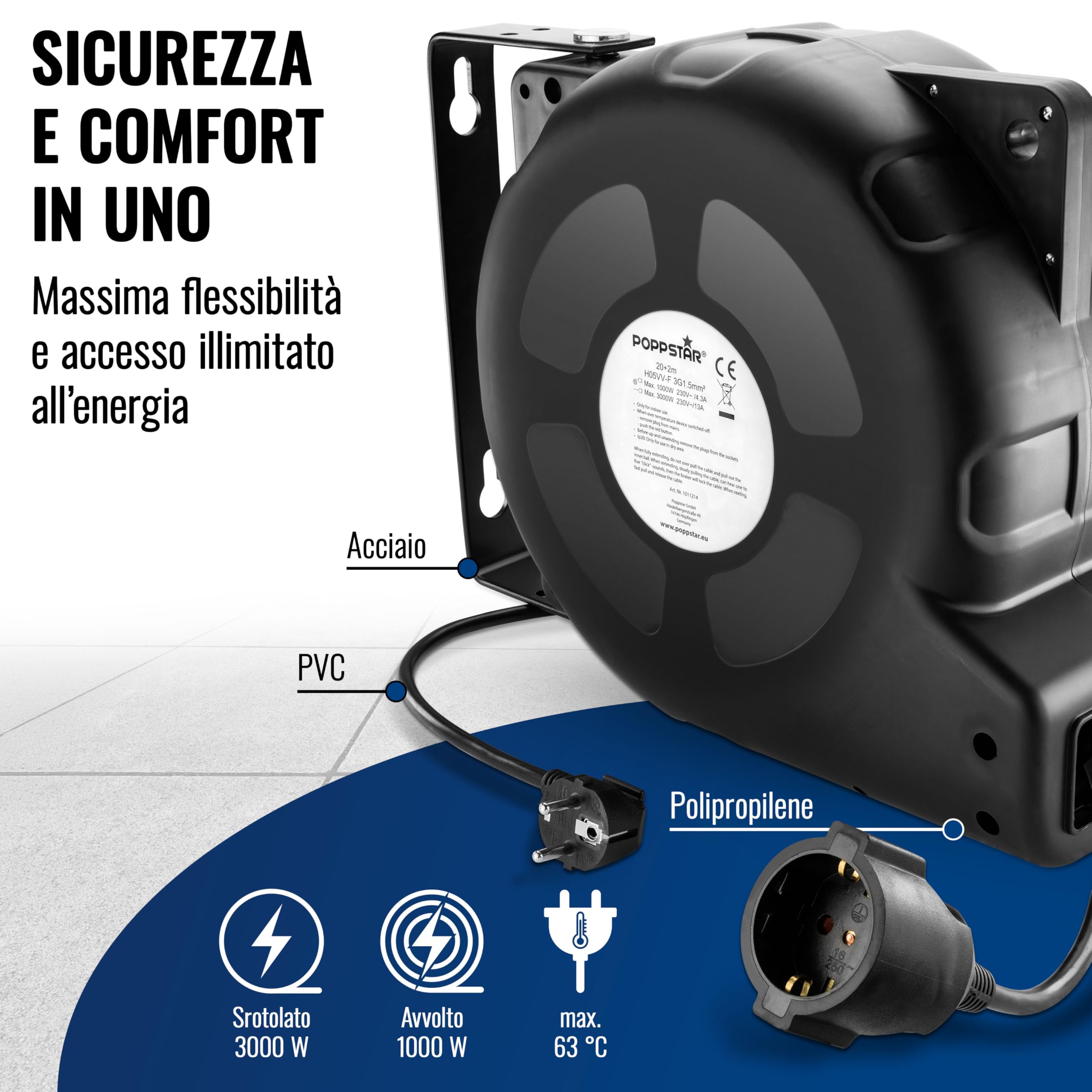 Poppstar Avvolgicavo automatico 20m + 2m (max. 3000W) Avvolgitore di cavi automatico autoavvolgente IP20 con interruttore di protezione termica