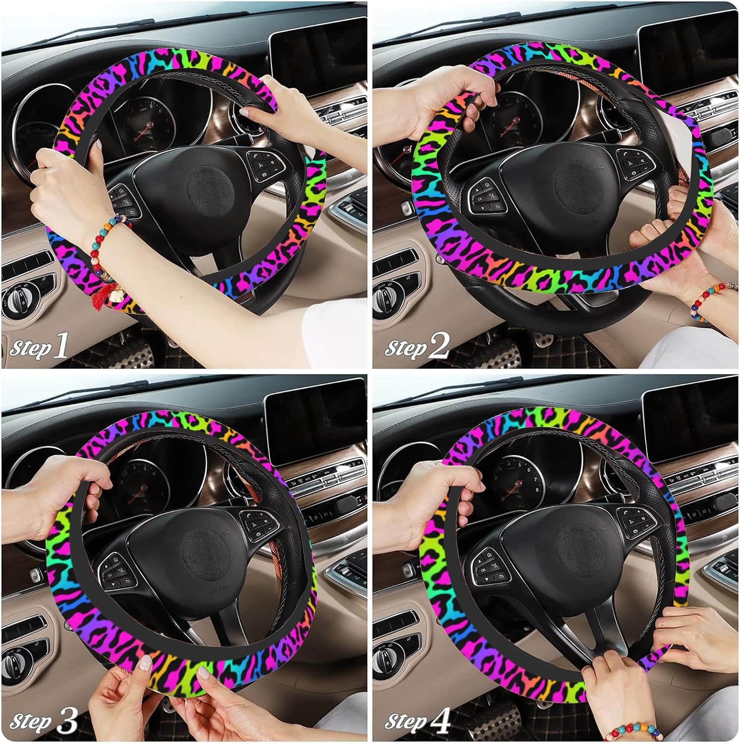 Rainbow Leopard Steering Wheel Cover,Cheetah Spots Elastic Non-Slip Steering Wheel Protector,Auto Interior Decor for Women Girls,Universal 15" Fit for Sedans,Trucks