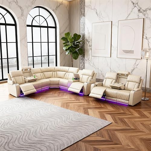 Power Recliner Sectional Sofa Set with LED Light,Leather Reclining Sectional