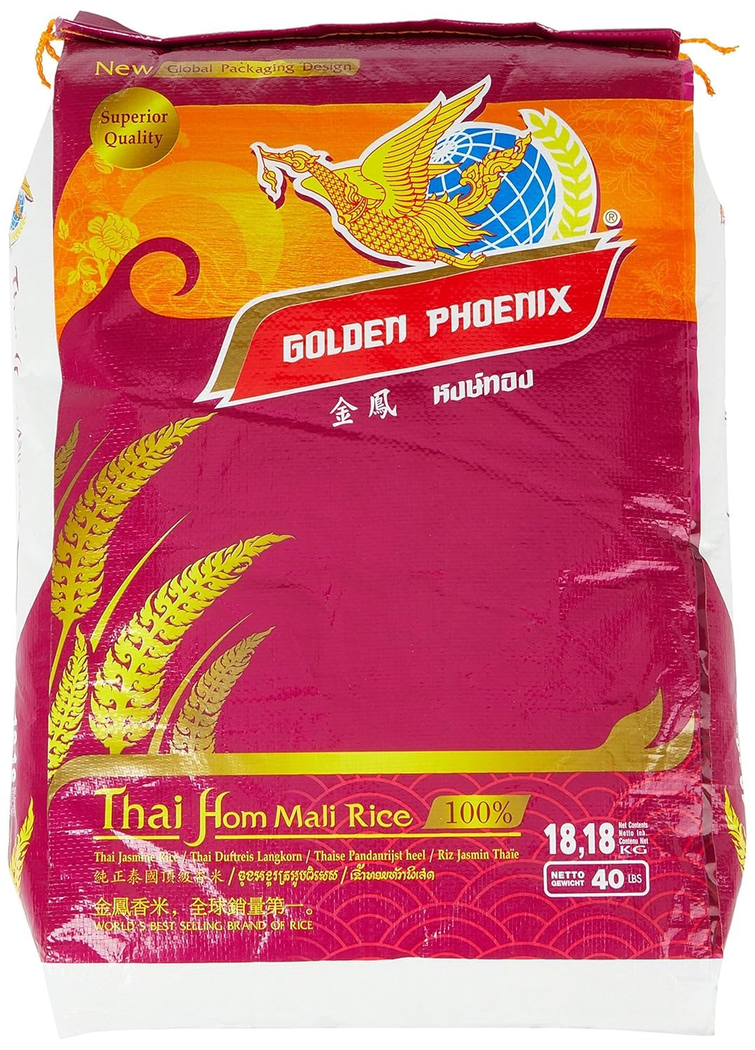 Kajal Golden Phoenix Reisduft, thailändischer Duftreis mit langen Körnern, ideal für gedünsteten Reis, gebratenen Reis, gefüllte Paprikaschoten, 20 kg mit Kajal Sticker