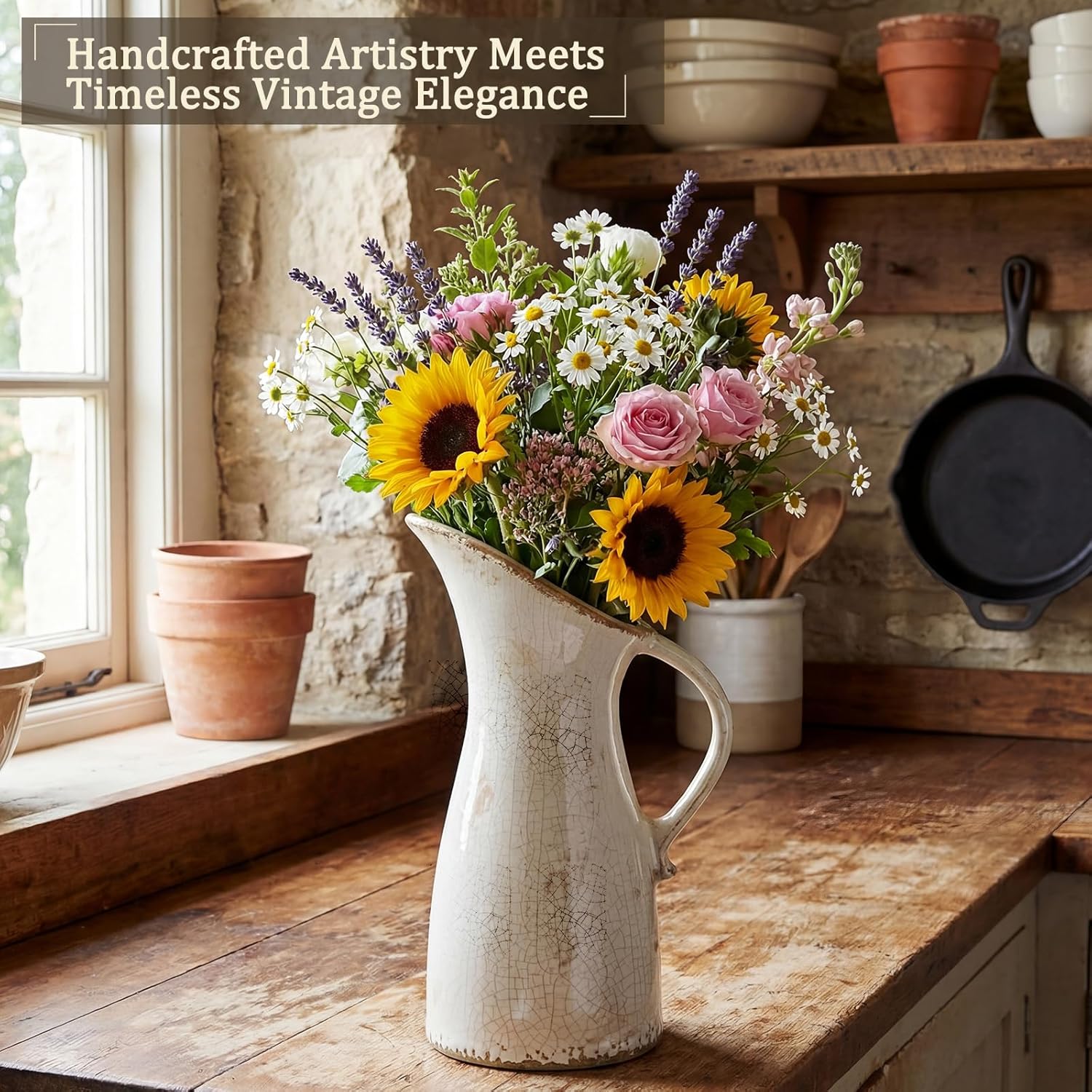 Sawysine 10.7 Inch Vintage Ceramic Vase with Handle Retro Ice Cracked Glaze Porcelain Vase Rustic Farmhouse Centerpiece Table Decorations for Home Decor Table Centerpiece(Minimalism)