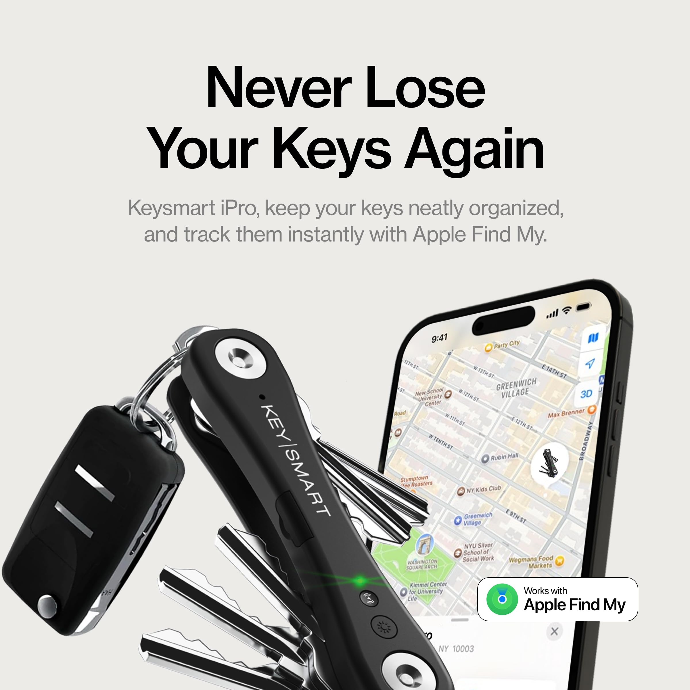 KeySmart iPro - Trova chiavi con suono, portachiavi compatibile con Apple Find My App, organizer per chiavi, portachiavi compatto e senza ingombri, regalo tecnico per uomini (fino a 14 chiavi, nero)