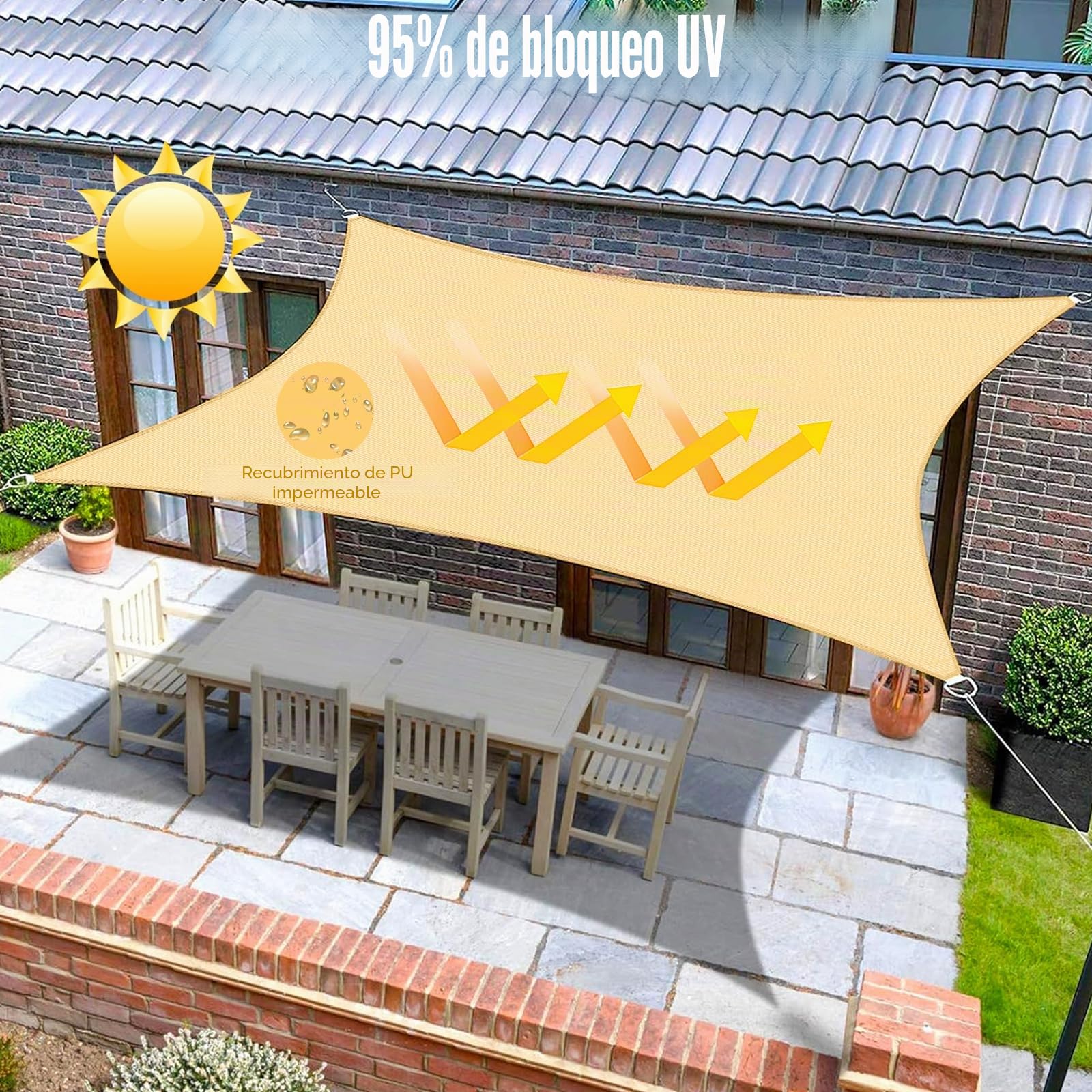 Toldo Vela Rectangular, Toldo Vela de Sombra Rectangular 2,5 x 3 m, con Kits de Montaje, Protección Rayos UV y HDPE Transpirable, para Exterior, Jardin, Patio