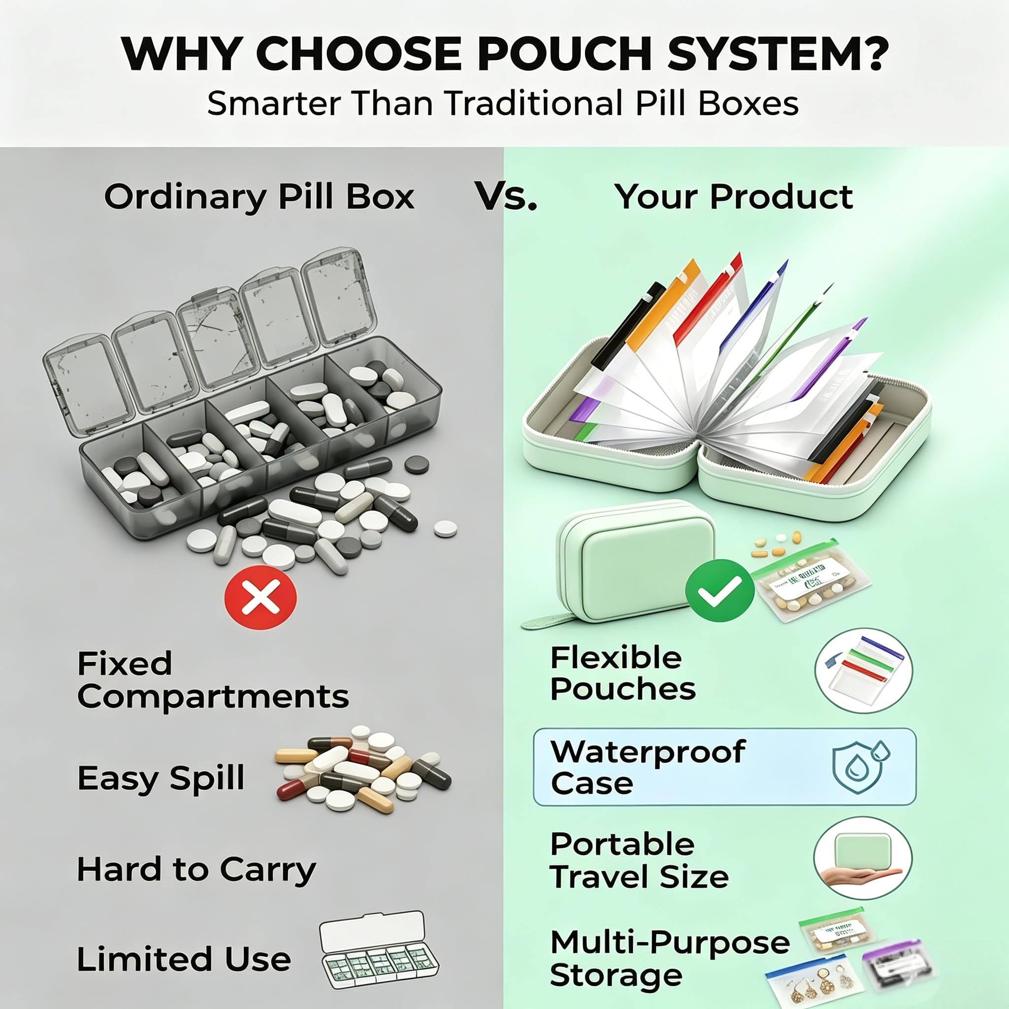 Ensemble de piluliers étanches A8 – Organiseur hebdomadaire étanche avec 14 pochettes à code couleur, organiseur de médicaments de voyage de style classeur pour vitamines, huiles de poisson (vert)