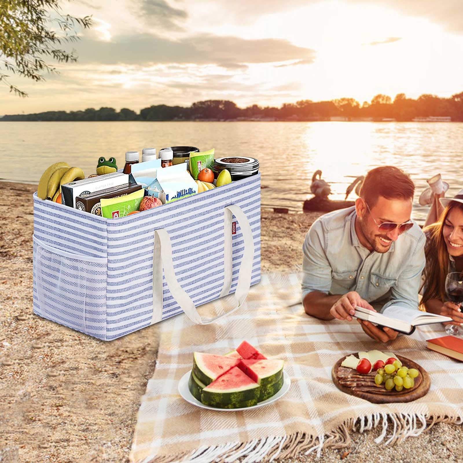 Panier à provisions pliable avec cadre en fil métallique et fond renforcé - Grand panier de transport avec poignée - Idéal pour le shopping, les pique-niques, la plage, le camping (bleu)