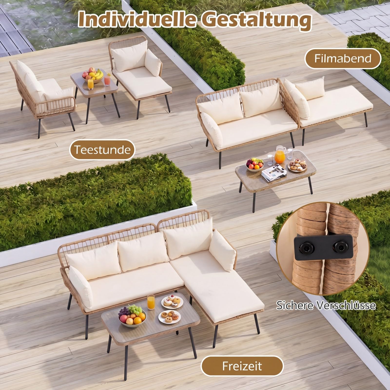 COSTWAY Lounge Möbel Outdoor, Polyrattan Gartenlounge mit Tisch und Kissen, Gartenmöbel Set, Balkonmöbel, Terrassenmöbel, Sitzgarnitur, 3-teilige Sitzgruppe für Garten, Balkon, Terrasse