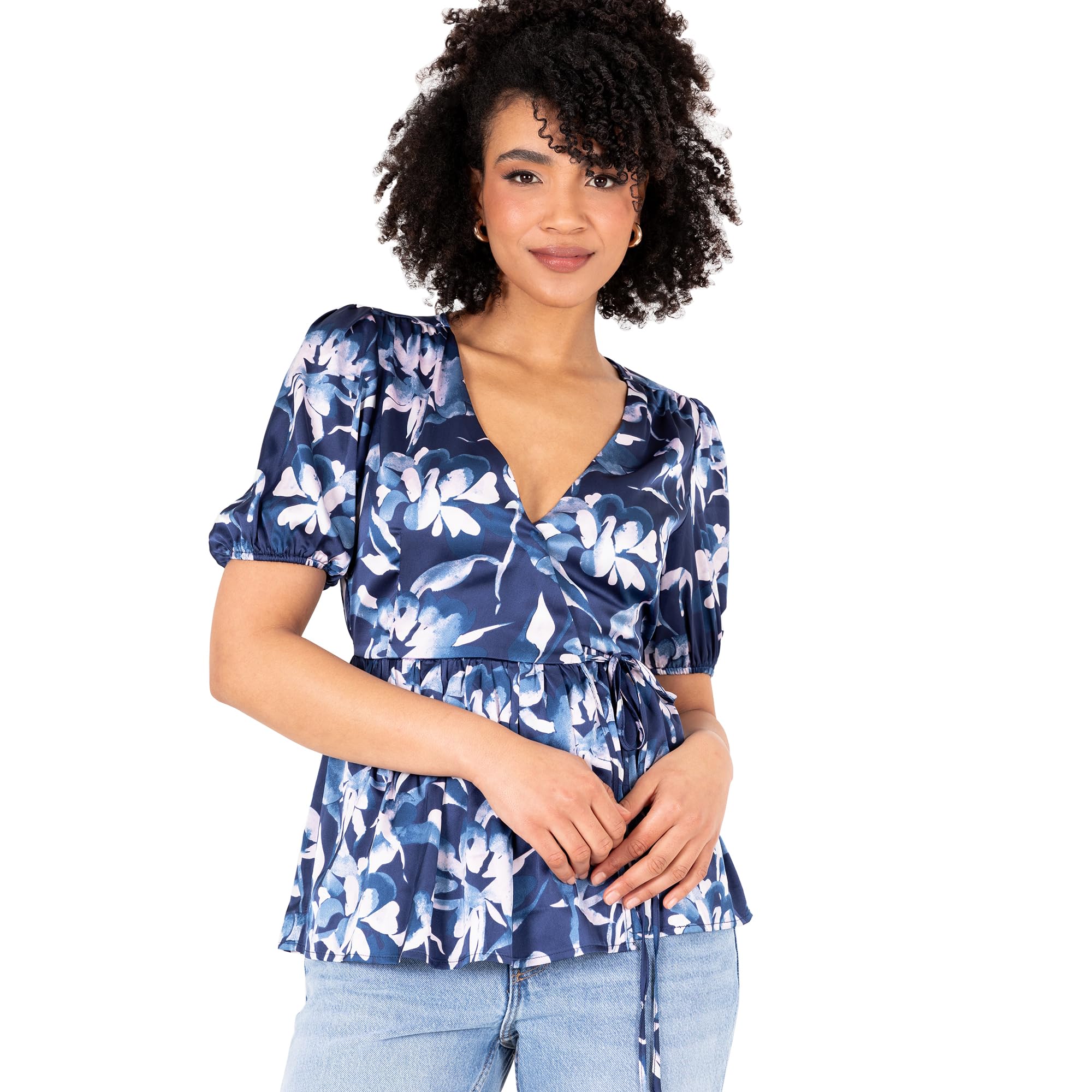 Lovedrobe Women's Ladies Wrap Top Short Puff Sleeve V-Neck Floral Floral Print Peplum Satin Blouse Smart Casual Office Wear Blouse Femme (Lot de 1)