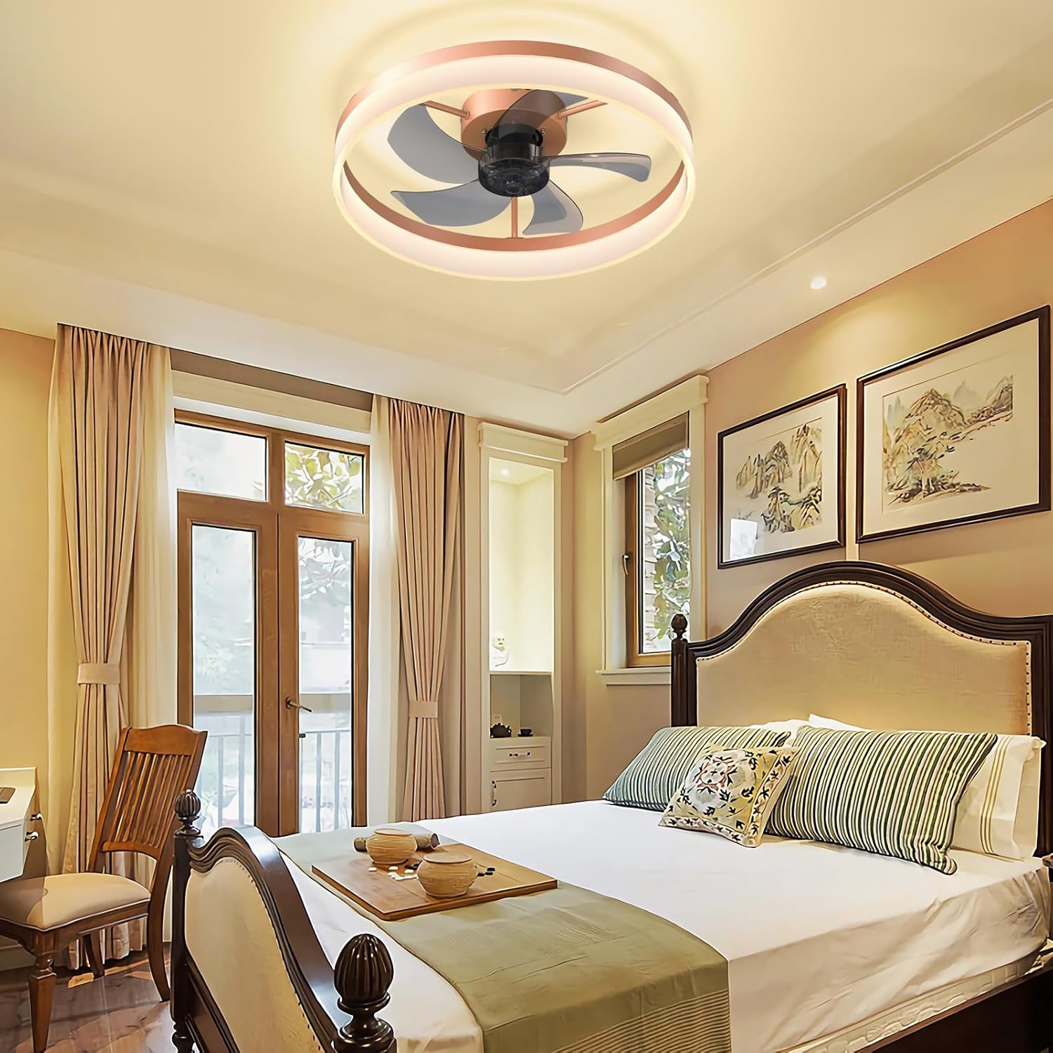 Ceiling Fans with Lights Dimmable LED Embedded Installation of Thin Modern Ceiling Fans(Rose Gold)