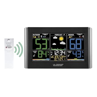 La Crosse Technology Weather Station with Customizable Alerts, Weather Forecast, Temperature, Dew Point, Humidity, Time, Heat Index, Large Display, Adjustable Brightness, Wireless, Black, C85845-INT